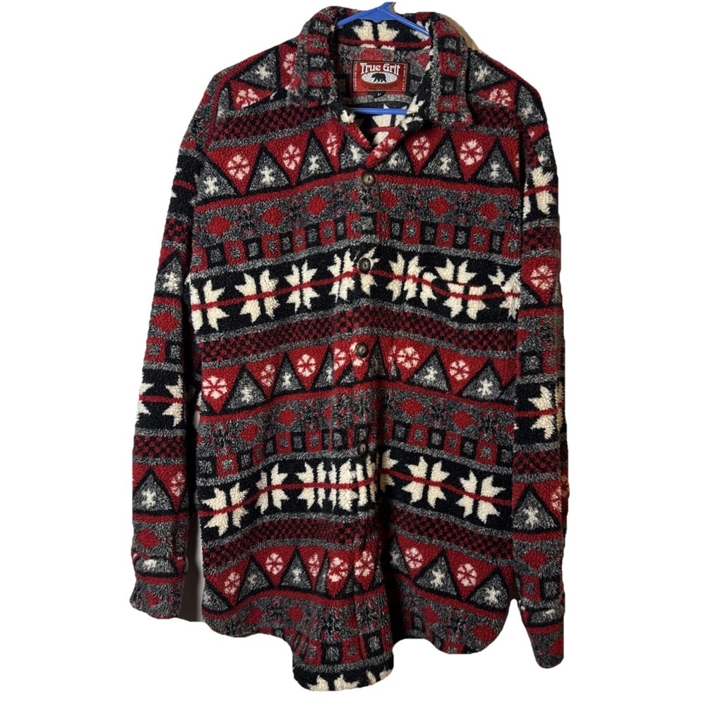 True‎ Grit Fleece Jacket Mens Medium Southwestern Aztec Sherpa Button Front USA